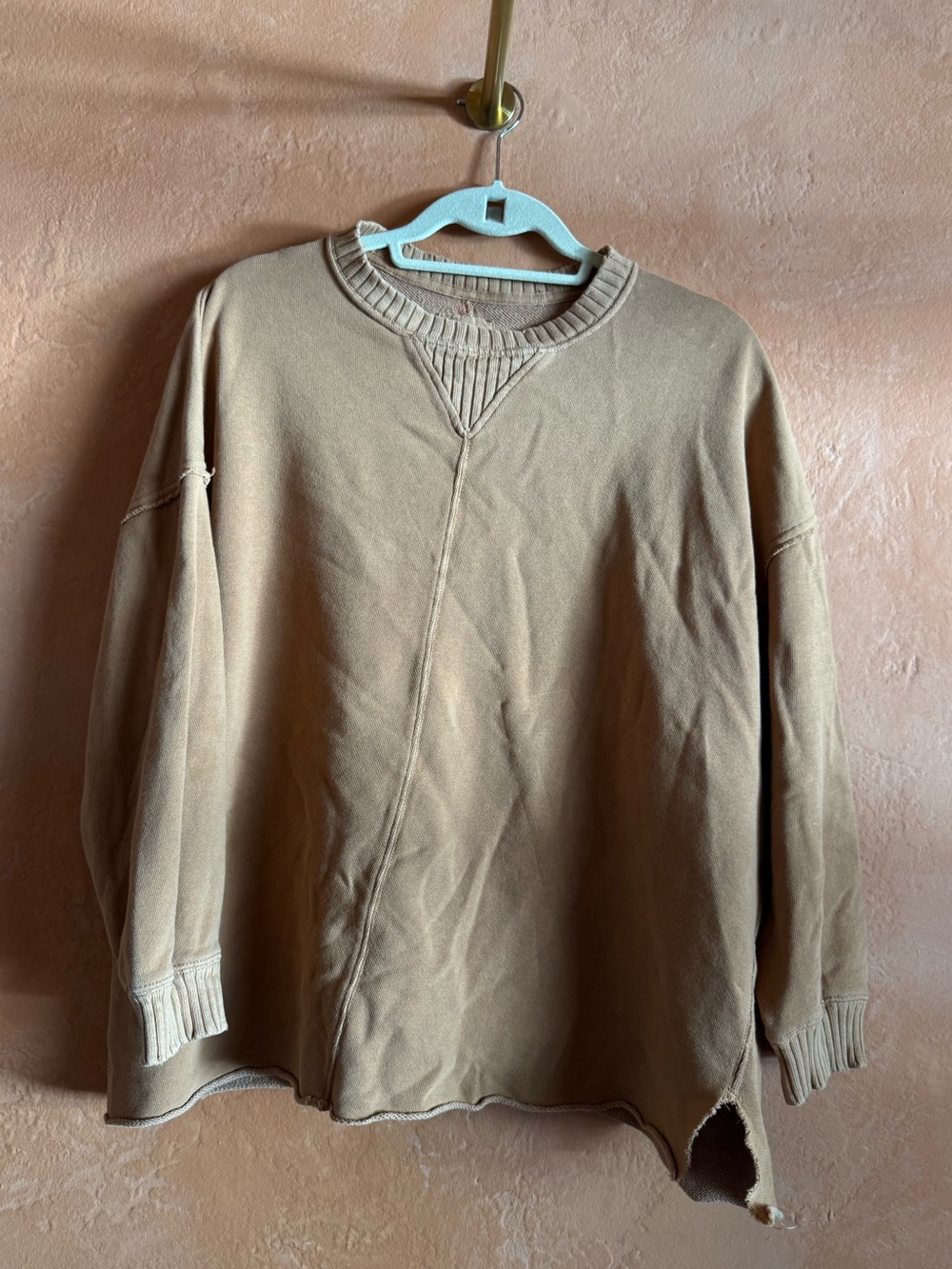Aerie Oversized Distressed Crewneck Sweatshirt Golden Brown Size Small